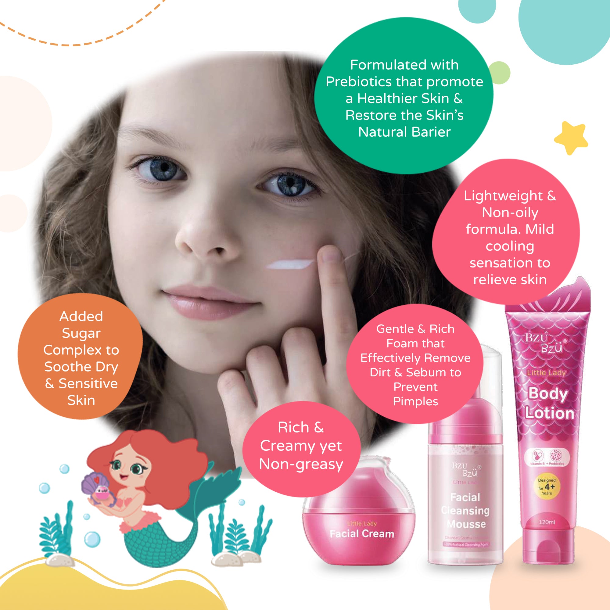 Bzu Bzu Little Lady Range for 4Y+ (Facial Cream, Facial Cleansing Mousse, Body Lotion)