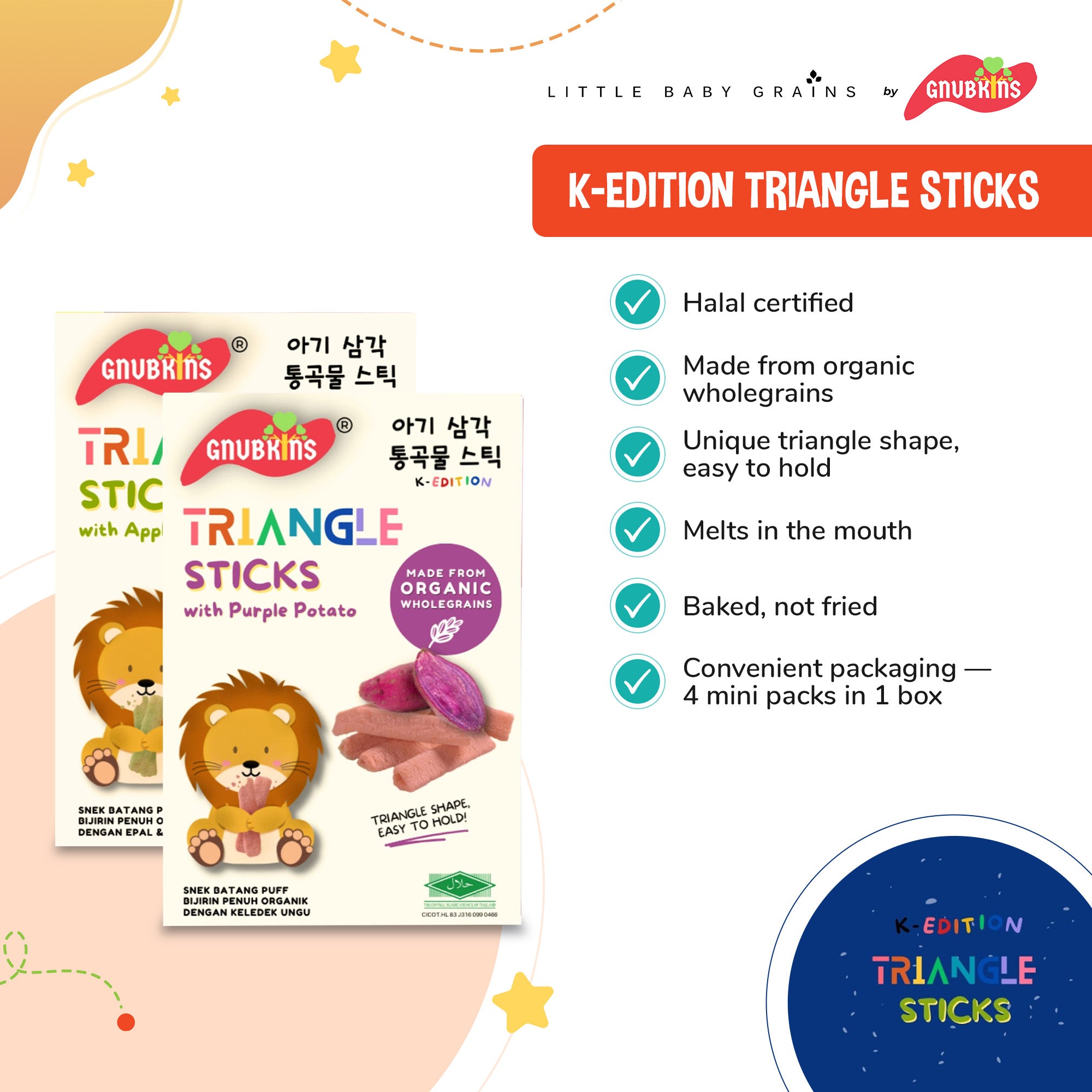 Gnubkins K-Edition Triangle Sticks for 6M+, 2 Flavors (Apple & Banana, Purple Potato)