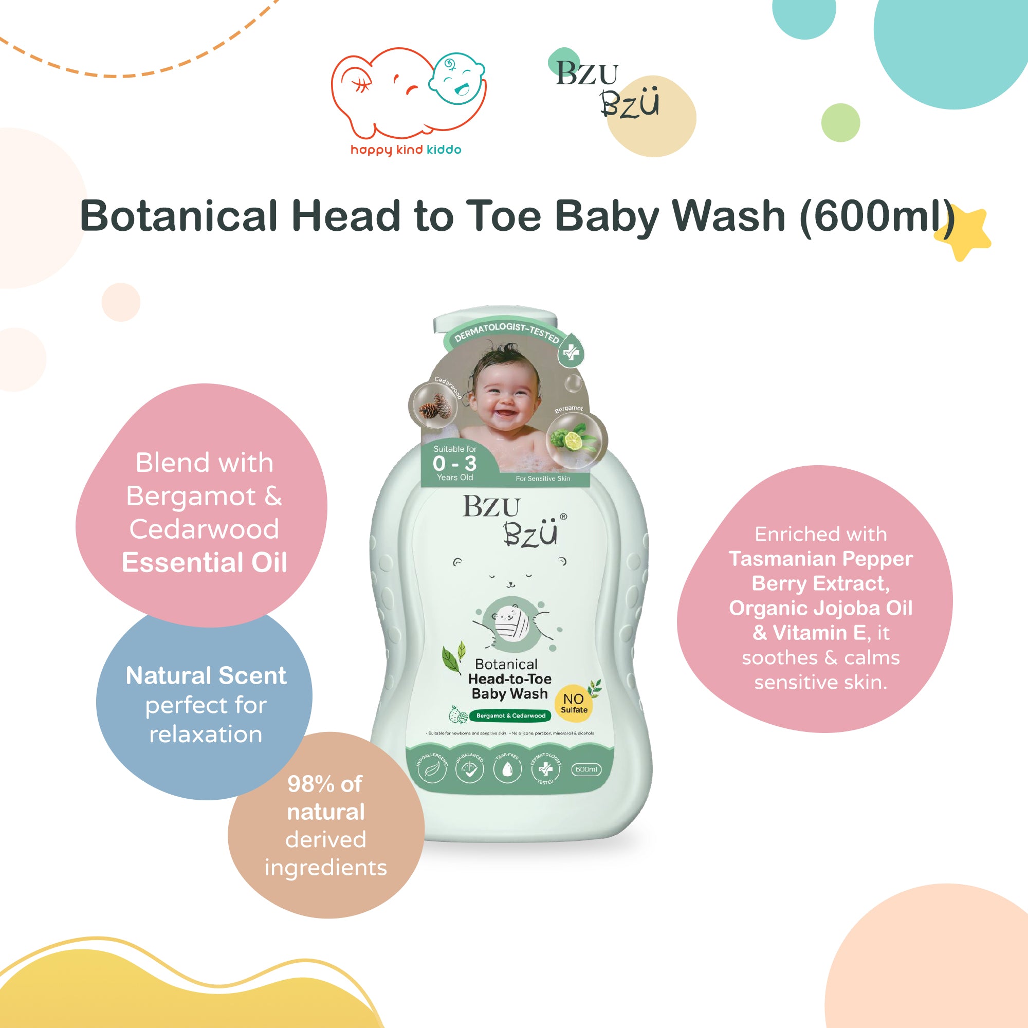 Bzu Bzu Botanical Head-to-Toe Baby Wash, Bergamot & Cedarwood (600mL)