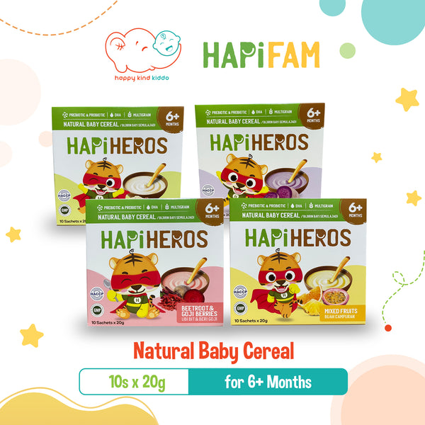 Hapifam HAPIHEROS Natural Baby Cereal, 4 Flavors (Beetroot & Goji Berries, Mixed Fruits, Original, Purple Sweet Potato)