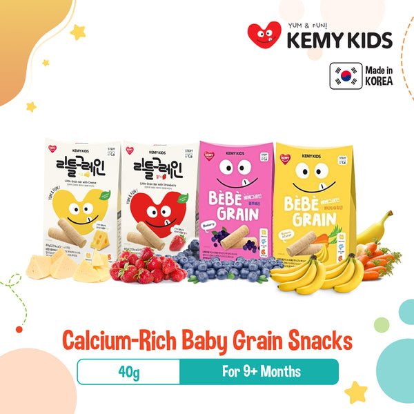 KEMY Kids Baby Grain Snack for 9M+, Made in Korea, 4 Flavors (Blueberry, Banana & Carrot, Cheese, Strawberry)