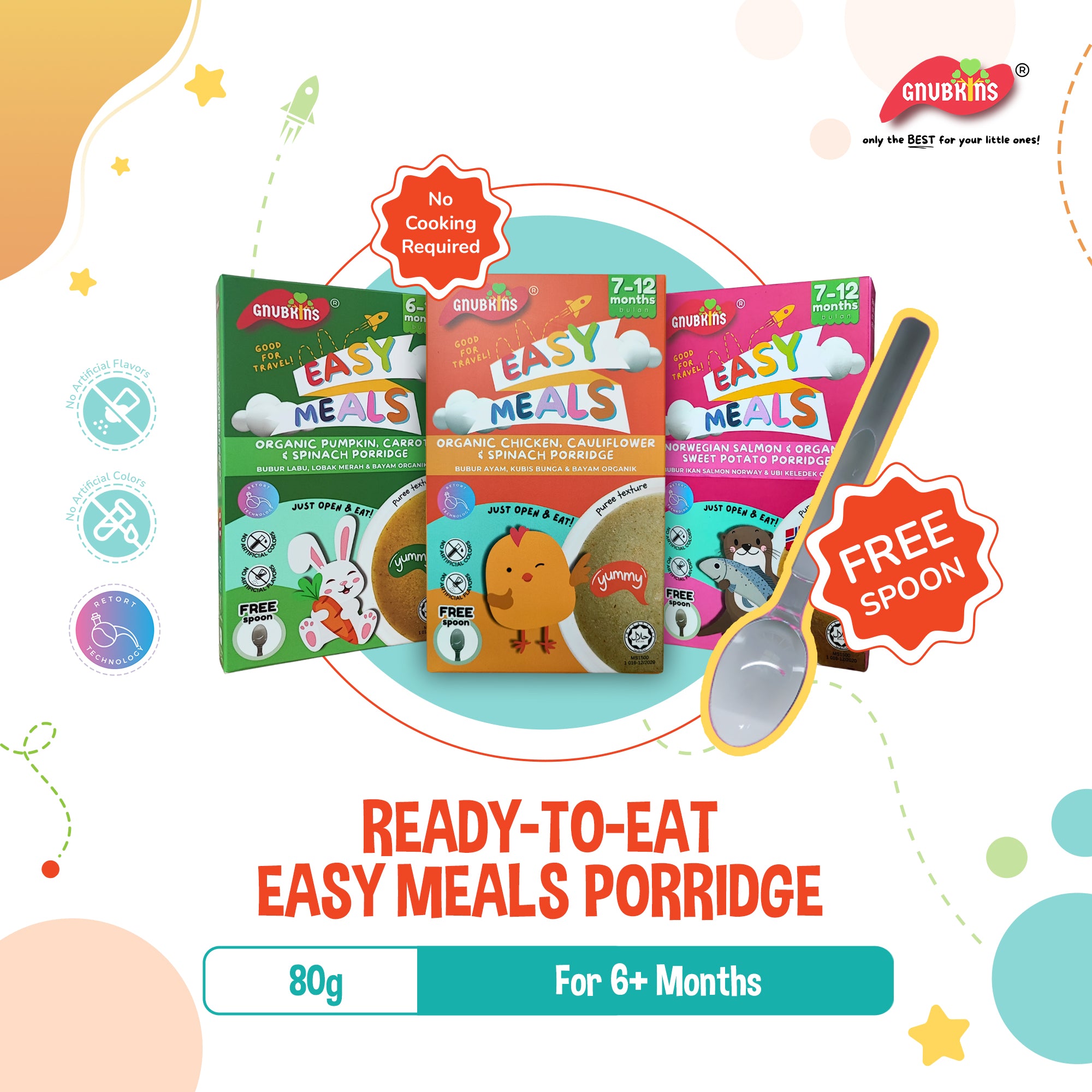 Gnubkins Easy Meals Ready-To-Eat Porridge for 6M+, 3 Flavors (Vegetable, Salmon, Chicken)