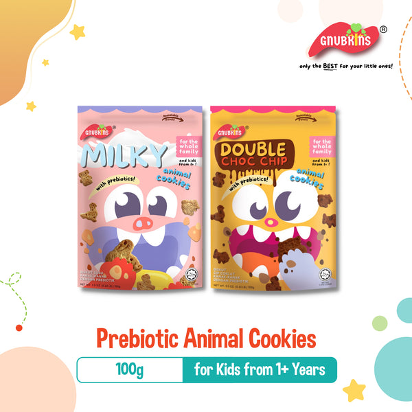Gnubkins Animal Cookies With Prebiotics for 12M+, 2 Flavors (Milky, Double Choc Chip)