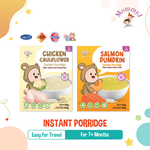 MommyJ Baby Instant Porridge, 3 Individual Pouch, 2 Flavors (Chicken Cauliflower, Salmon Pumpkin)