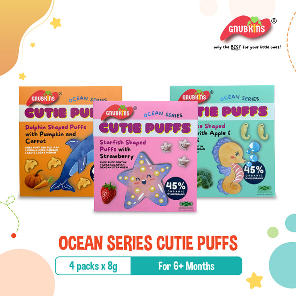 Gnubkins Ocean Series Cutie Puffs for 6M+, 3 Shapes (Dolphin, Seahorse, Starfish)
