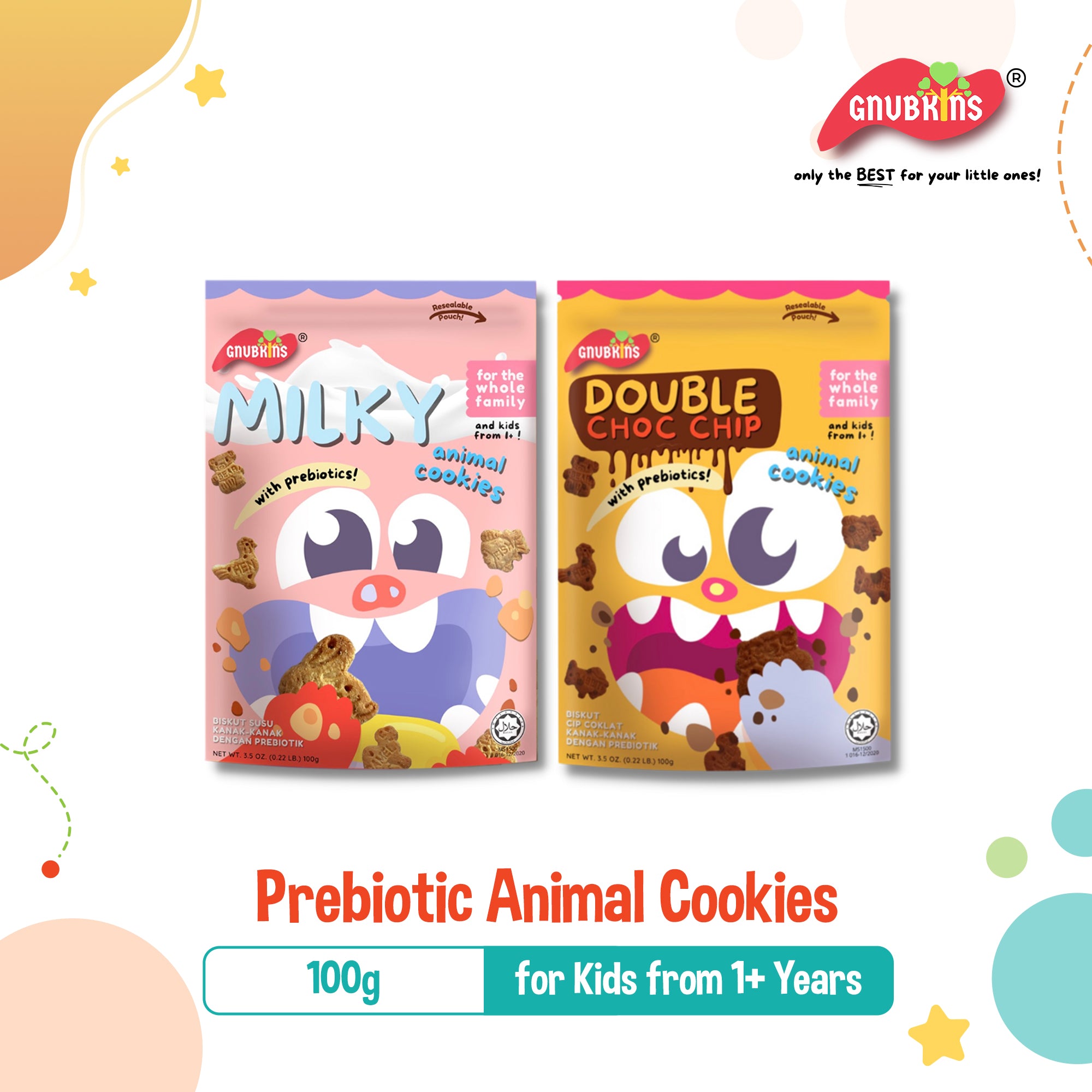 Gnubkins Animal Cookies With Prebiotics for 12M+, 2 Flavors (Milky, Double Choc Chip)