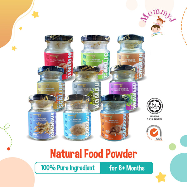 MommyJ Natural Food Powder for 6M+, 9 Flavors (Anchovy, Chicken, Scallop, Whitebait, Garlic, Kombu, Mushroom, Onion, Seaweed)