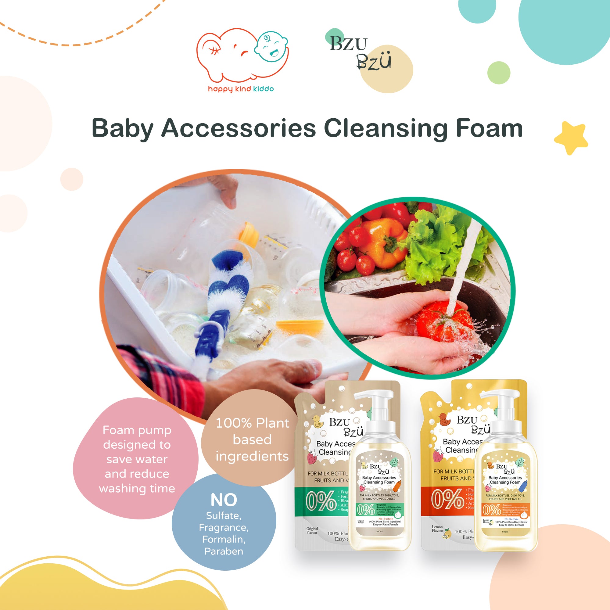 Bzu Bzu Baby Accessories Cleansing Foam (500mL Bottle or 400ml Refill), 2 Fragrances (Original, Lemon)