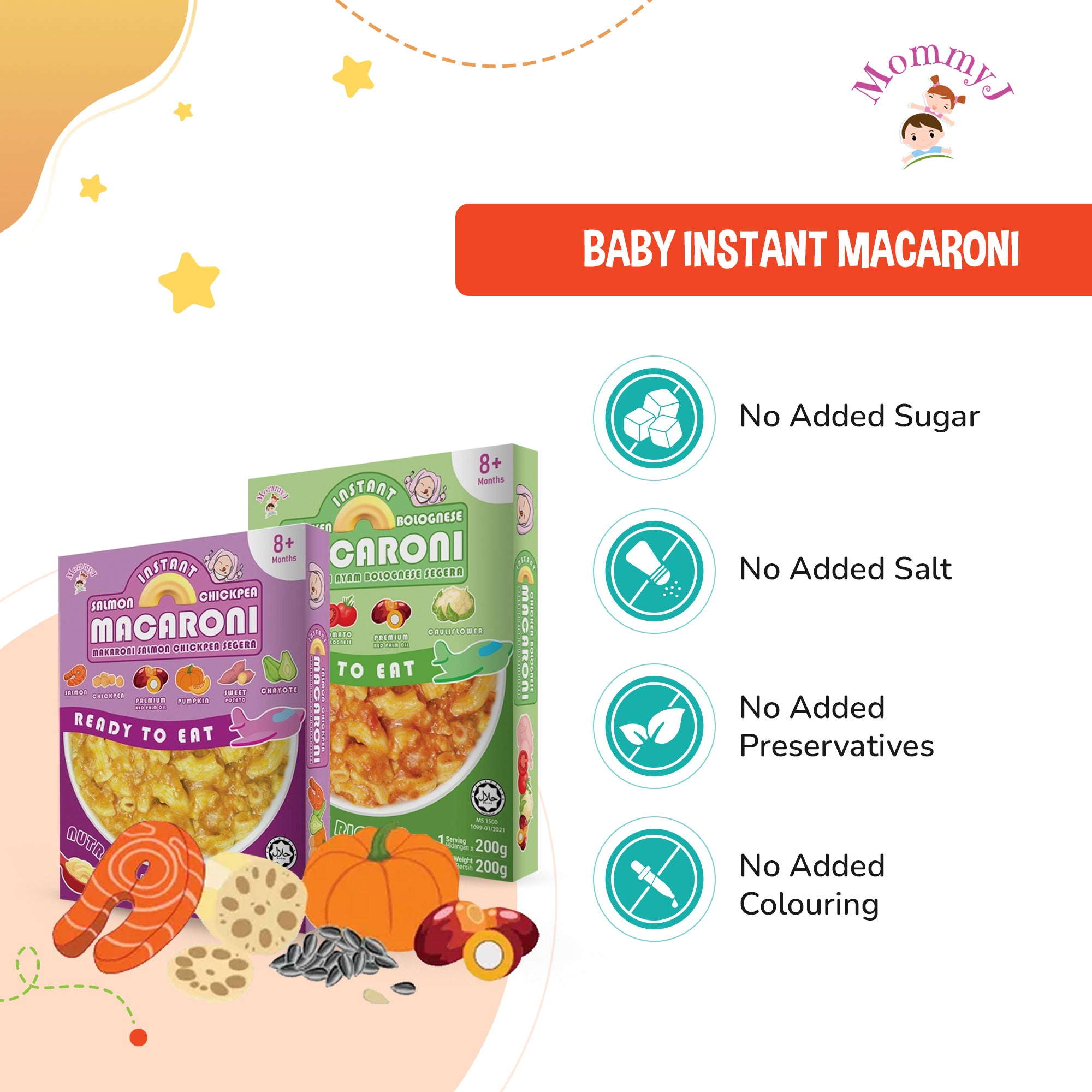 MommyJ Baby Instant Macaroni for 8M+, 2 Flavors (Salmon Chickpea, Chicken Bolognese)