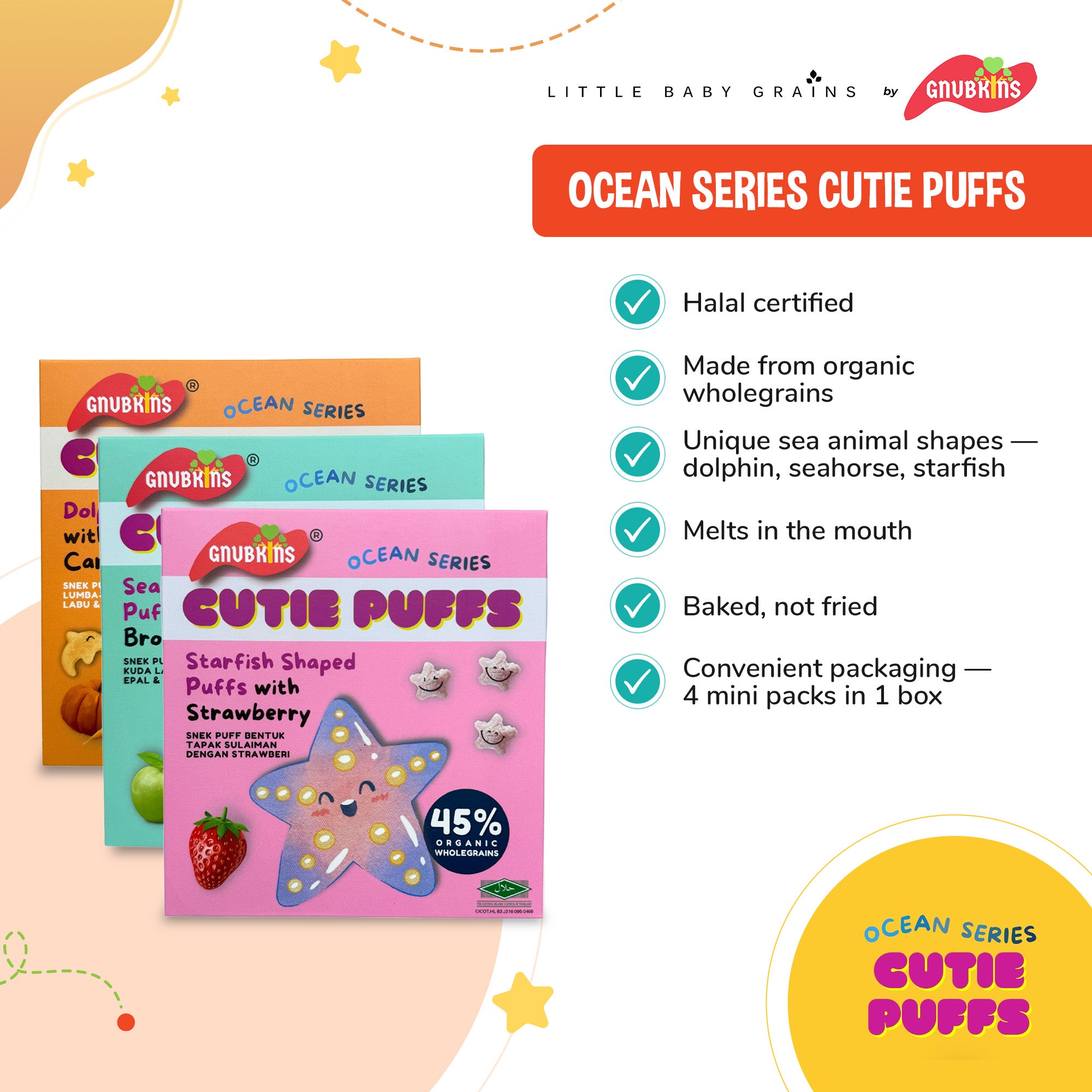 Gnubkins Ocean Series Cutie Puffs for 6M+, 3 Shapes (Dolphin, Seahorse, Starfish)