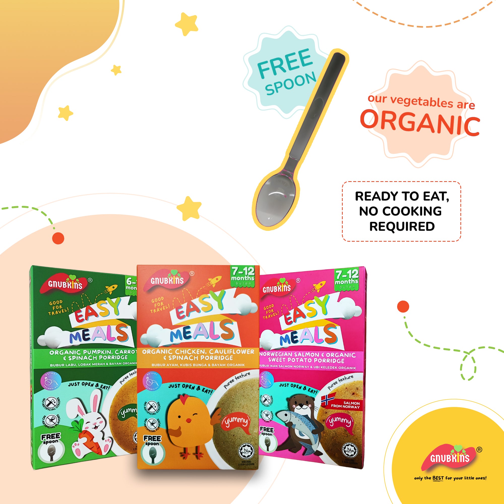 Gnubkins Easy Meals Ready-To-Eat Porridge for 6M+, 3 Flavors (Vegetable, Salmon, Chicken)