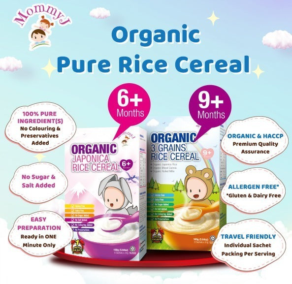 MommyJ Baby Organic Rice Cereal for 6M+ (Japonica) or 9M+ (3 Grains)