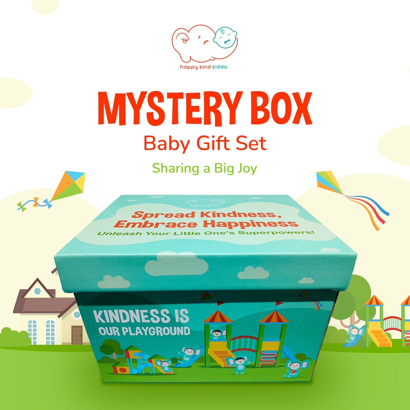 Mystery Box baby gift set key visual, illustrated playground scene