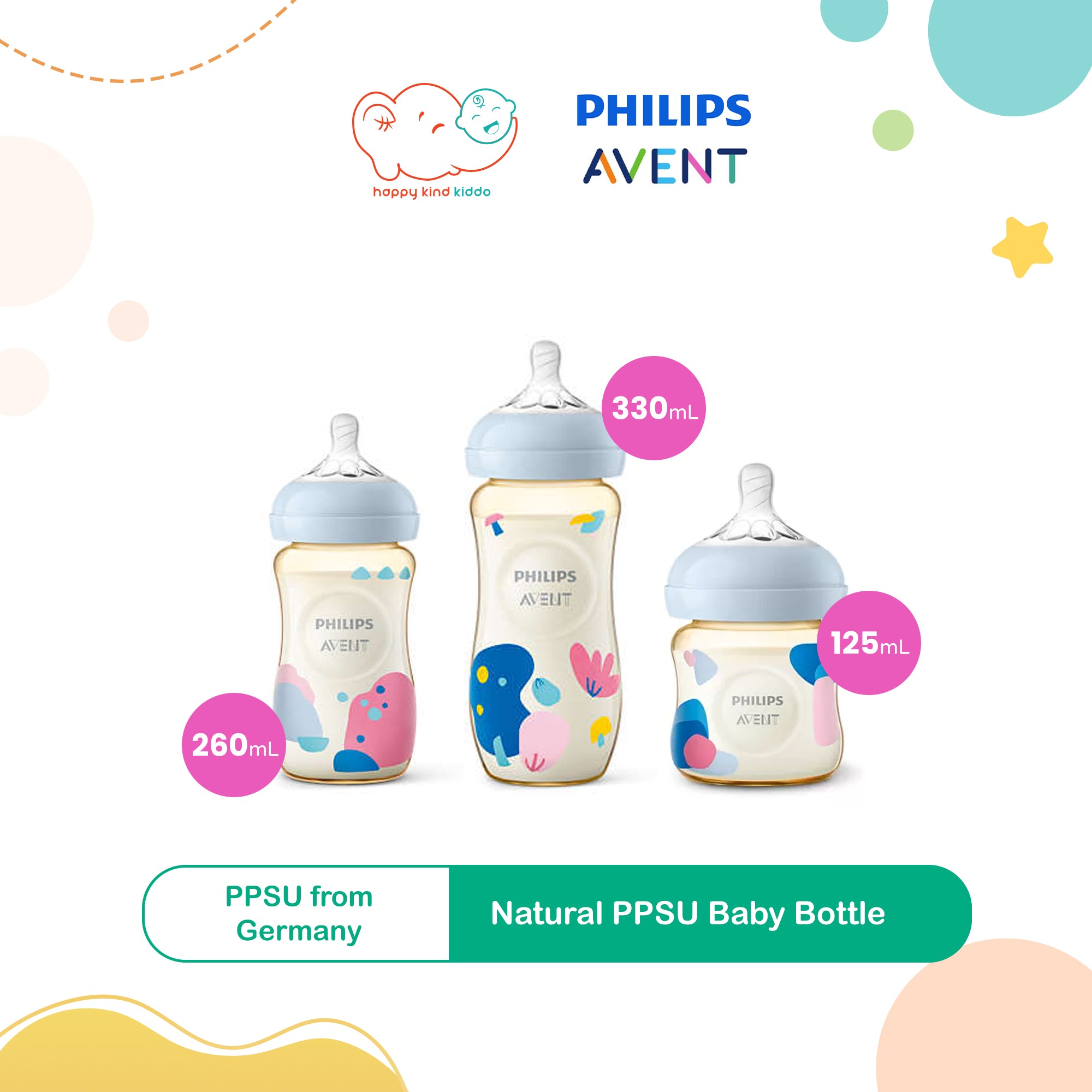 Philips Avent Natural PPSU Baby Bottle (Single Pack), 3 Sizes (125mL, 260mL, 330mL)